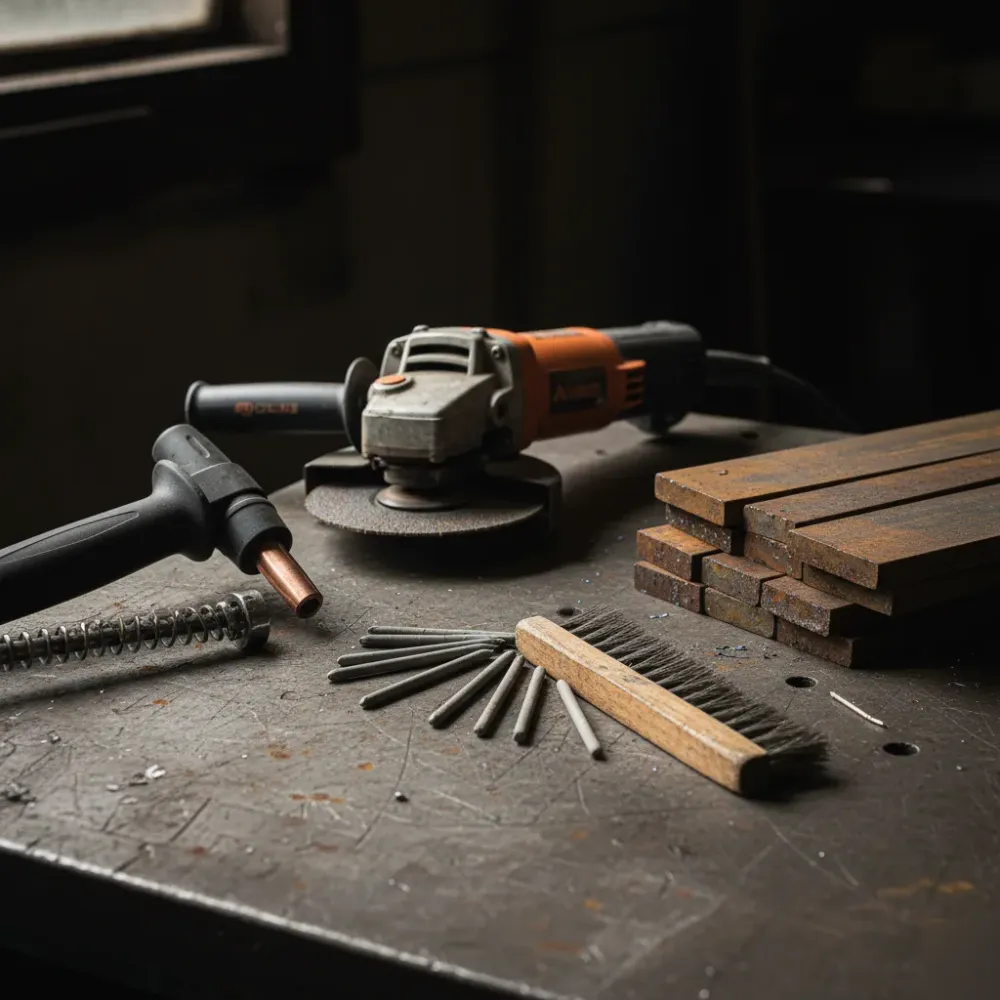 Welding tools including a MIG gun, grinder, electrodes, and steel bar stock arranged on a metal work surface.