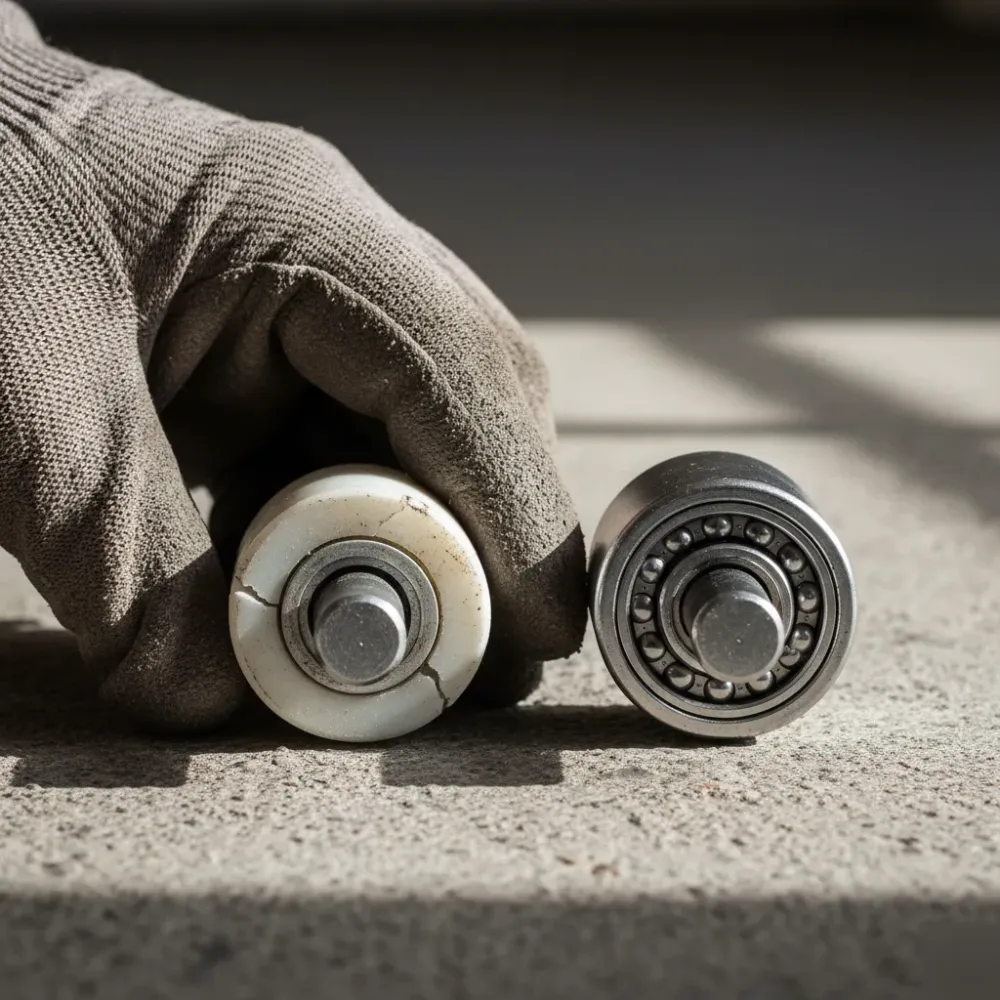 Close-up of a worn cracked garage door roller beside a new steel-bearing roller on a concrete surface.
