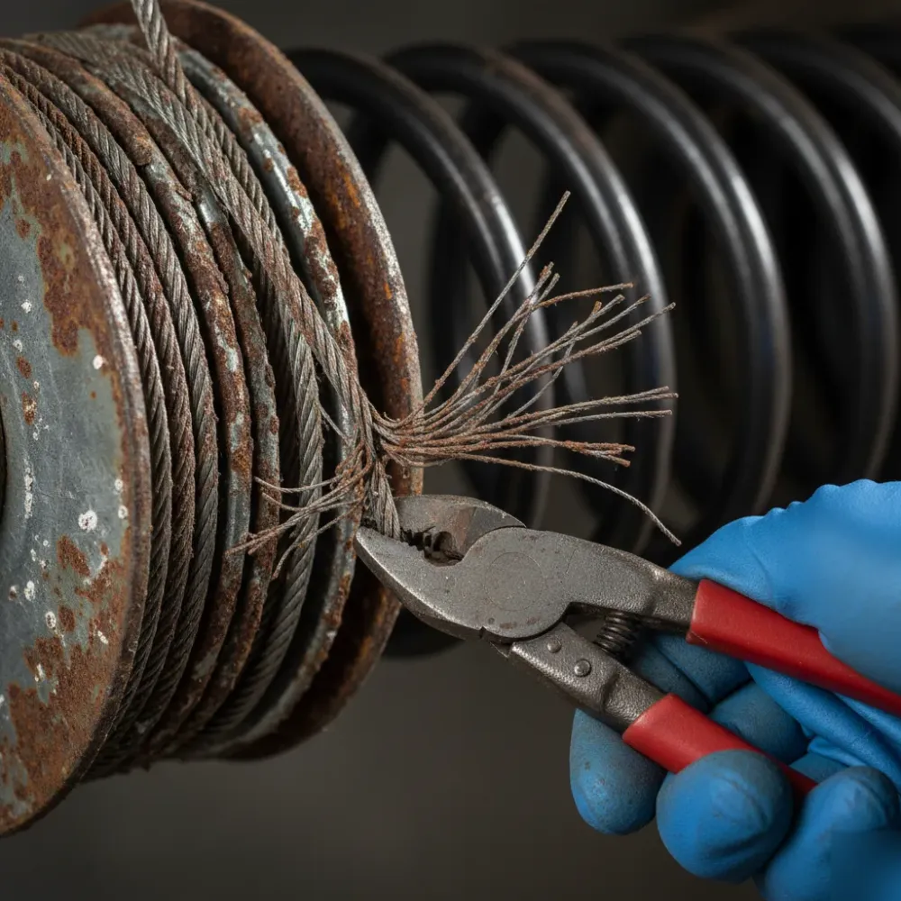 Close-up of a frayed, rust-corroded garage door cable clamped with locking pliers near the drum.