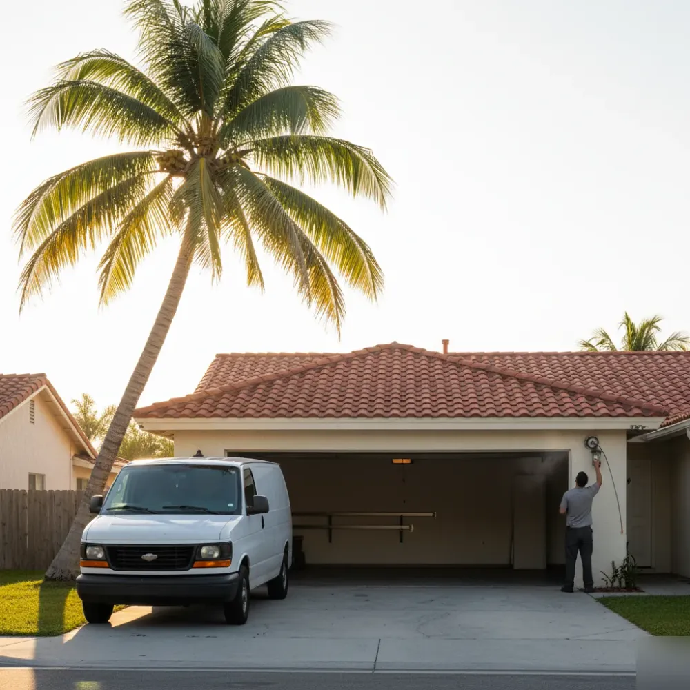 Technician spraying lubricant on a garage door cable and drum beside a stucco home with a palm tree in Hallandale Beach.