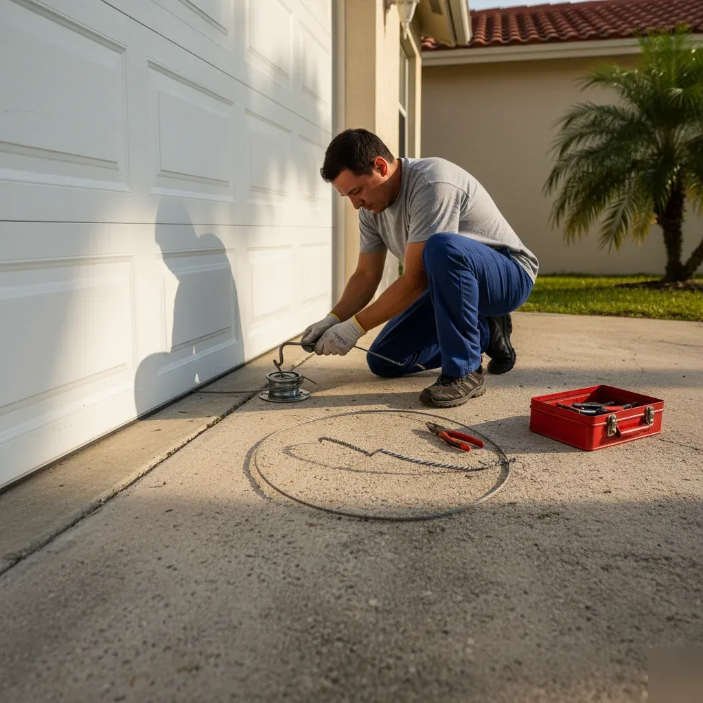 Technician threading a steel garage door cable around a drum during a repair in Hallandale Beach.