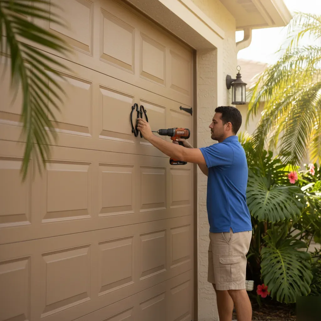 Technician installs decorative hardware on a carriage-style garage door at a stucco home in Hallandale Beach.