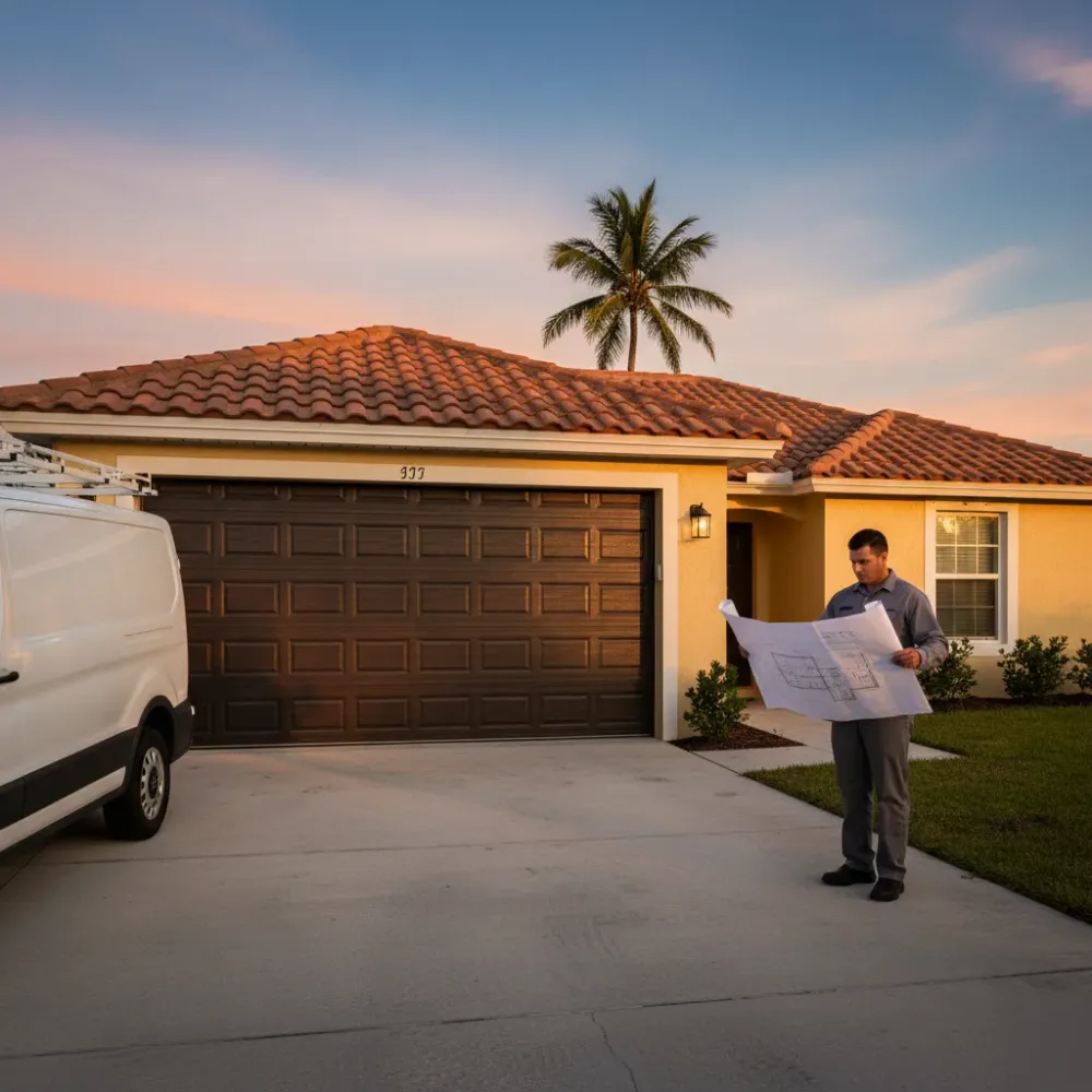Technician reviews a design sheet beside a van outside a yellow stucco home with a bronze wood-look garage door at golden