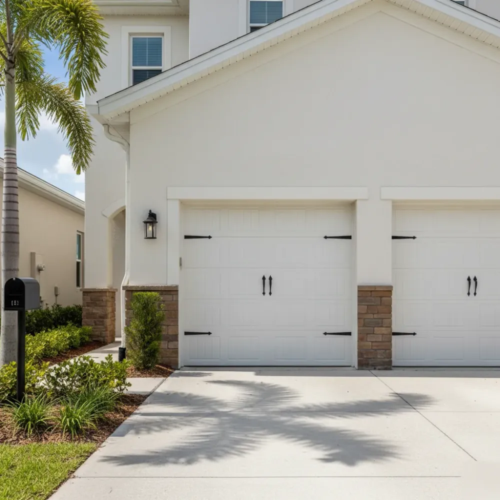 Two white raised-panel garage doors with new hardware on a clean stucco home exterior in a Hallandale Beach neighborhood.