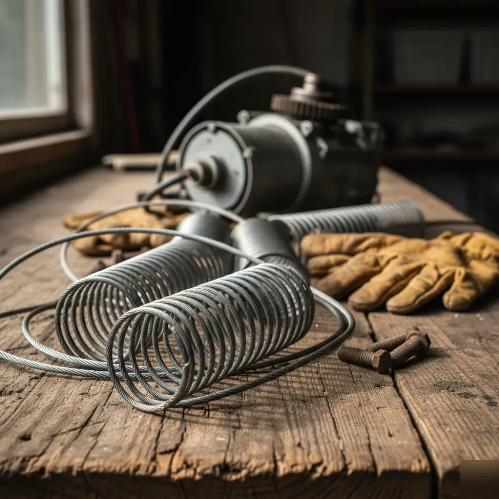 Torsion springs, steel cables, and a disassembled garage door opener motor arranged on a wooden workbench under