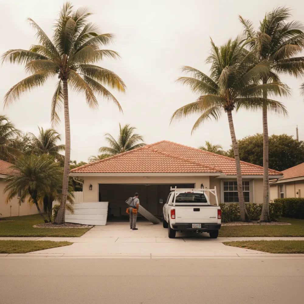 Service truck parked outside a stucco home in Hallandale Beach while a technician carries a garage door panel toward the
