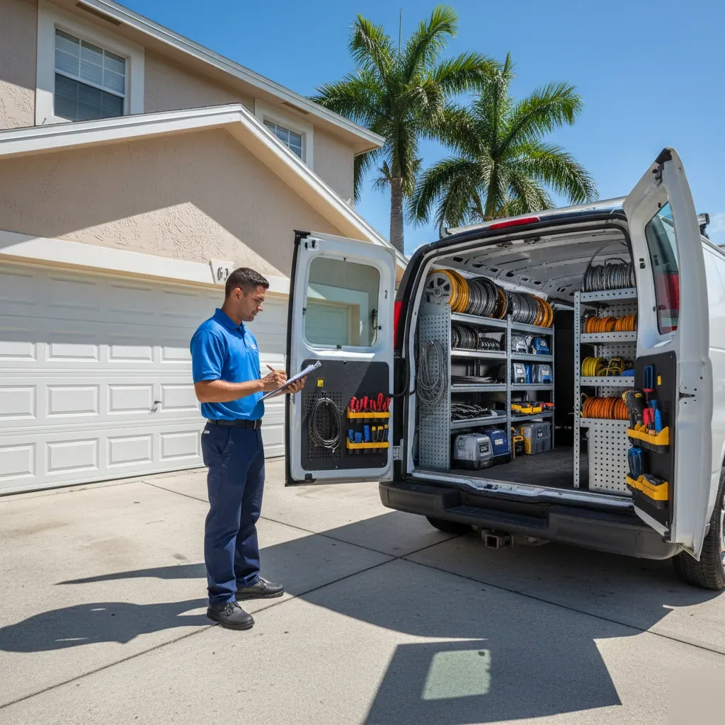 Garage door technician beside a service van loaded with springs, cables, and opener units outside a Hallandale Beach home.