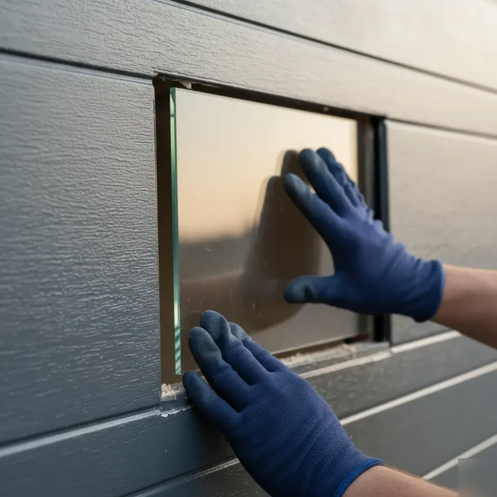 Hands press a beveled glass window insert into a steel garage door panel with embossed wood-grain texture.