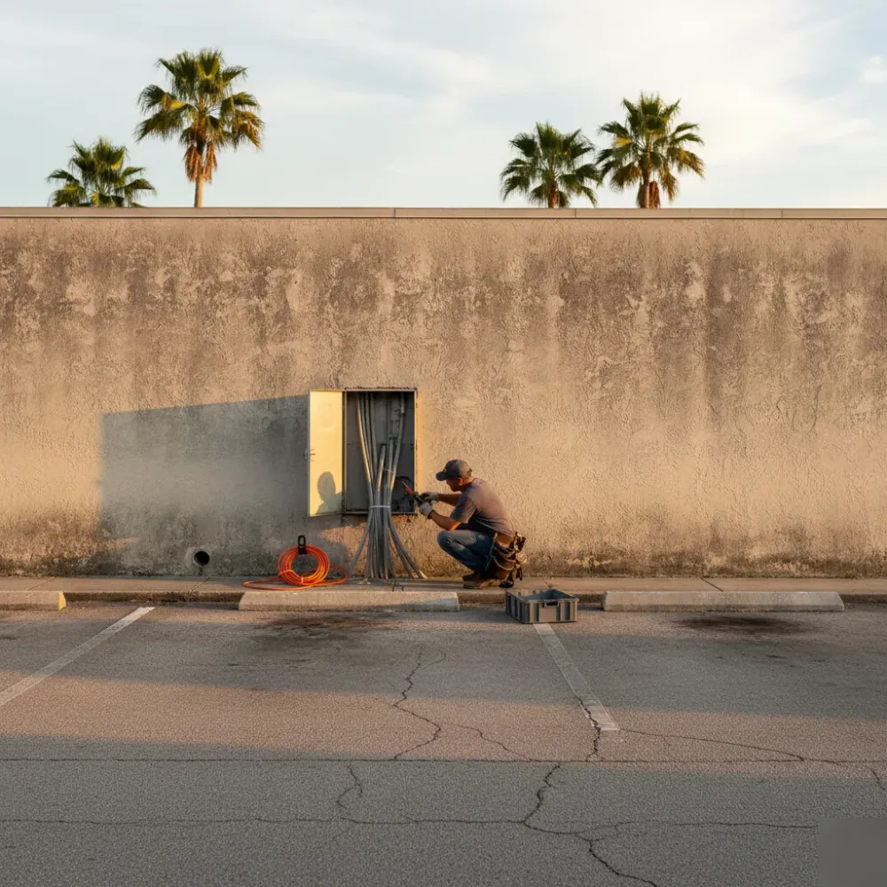 Technician strips wiring at an outdoor conduit junction box on a stucco commercial building wall in Hallandale Beach at