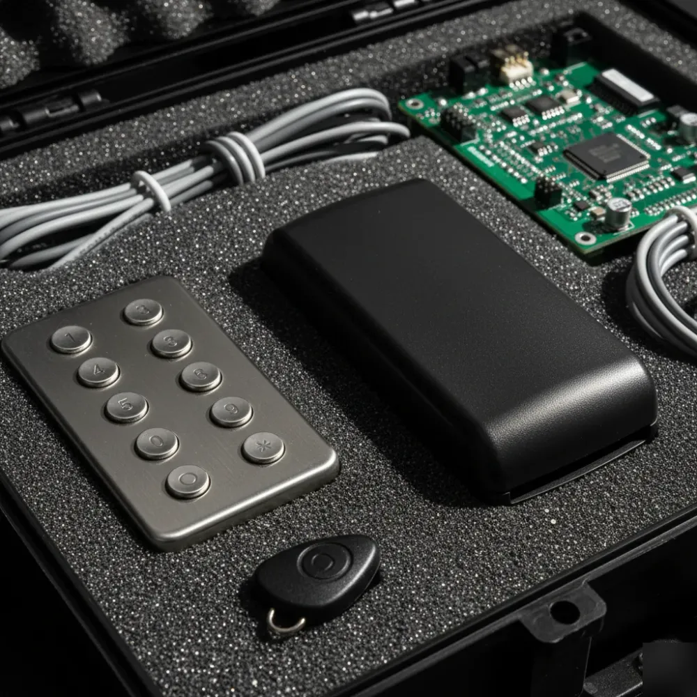 Keypad, RFID reader, key fob, and intercom circuit board arranged on a foam-lined equipment case under side lighting.