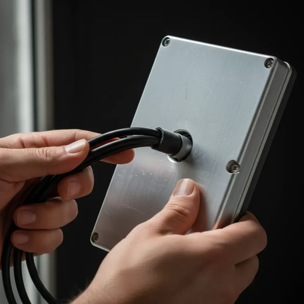 Hands threading a wiring harness through the back of a silver anodized access control keypad housing during installation.