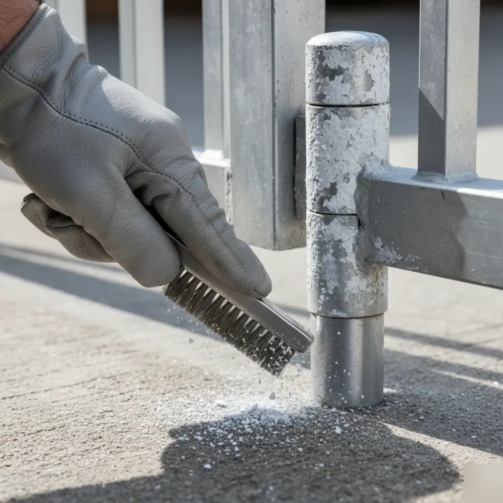 Gloved hand scrubs white oxidation buildup from a pitted aluminum gate hinge pin with a wire brush, flakes scattered on