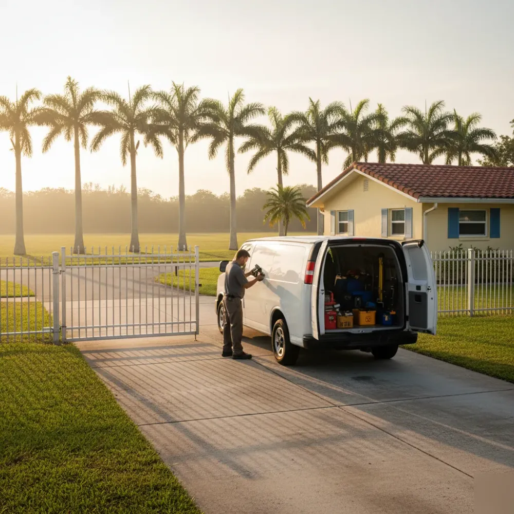 Technician loads tools into a service van in a Hallandale Beach driveway at golden hour, with a repaired aluminum gate open