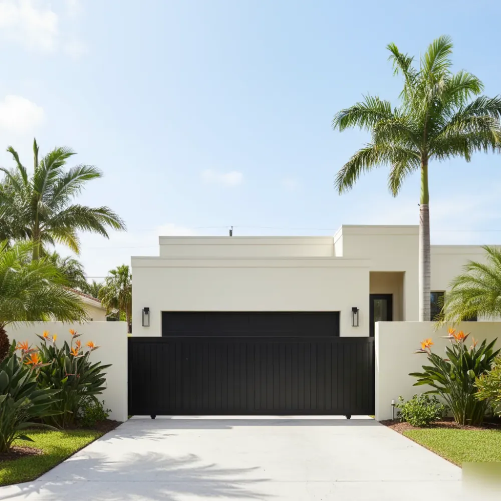 Stucco home in Hallandale Beach with a closed automatic swing gate and flush two-car garage door under bright sunlight.