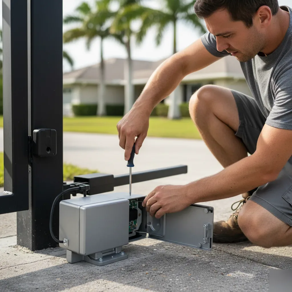 Technician opens a gate opener control panel on a swing gate at a Hallandale Beach residential property.