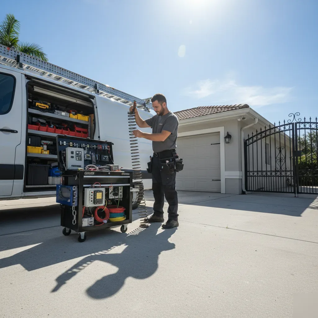 Technician beside a loaded work van with garage door and gate equipment visible in a Hallandale Beach driveway.