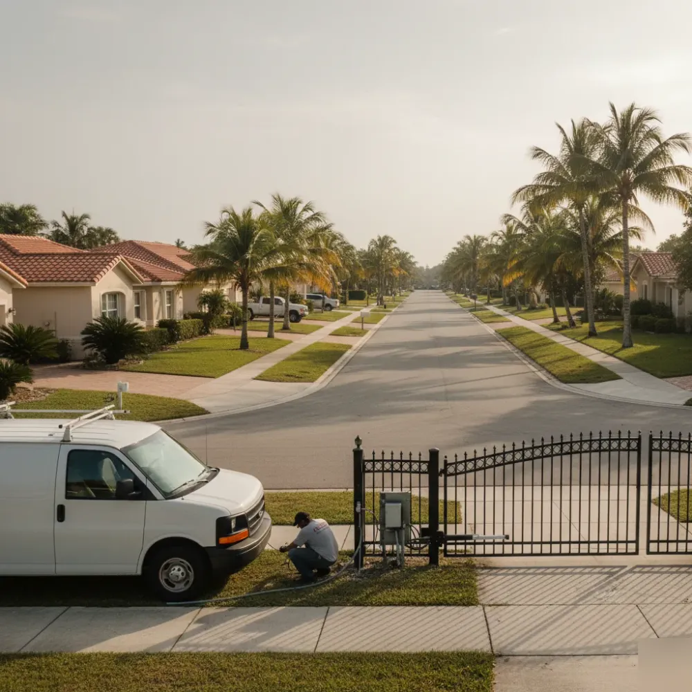 Technician runs conduit at a gate post on a palm-lined residential street in Hallandale Beach with a service van at the .