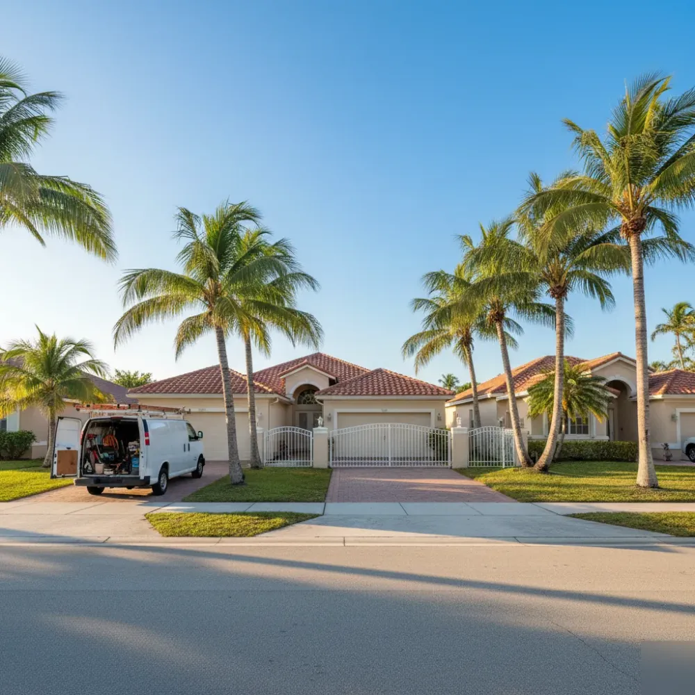 Service van parked on a palm-lined Hallandale Beach residential street with stucco homes and attached garages in the