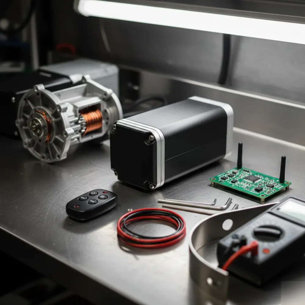 Gate motor, opener circuit board, remote fob, multimeter, and wiring arranged on a steel workbench under side lighting.