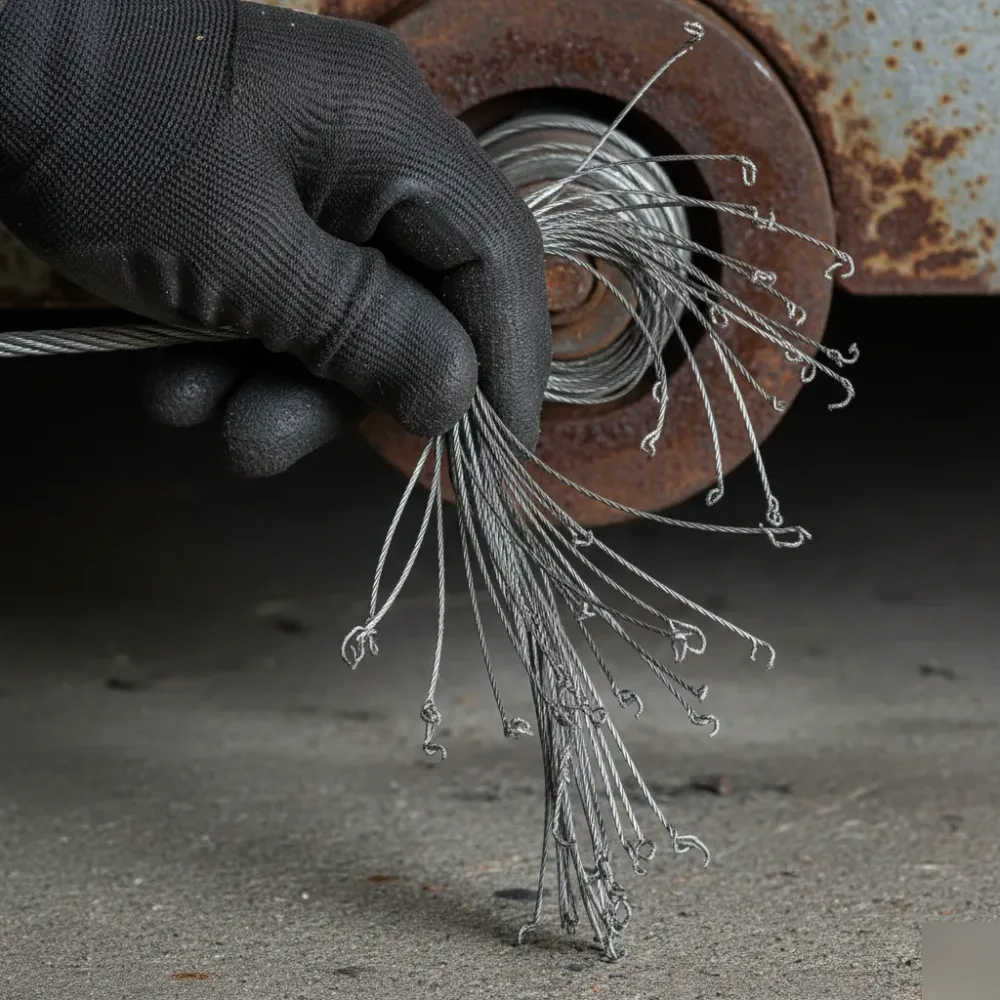 Gloved hand holds a frayed steel garage door cable near a corroded drum, indicating a garage door emergency.