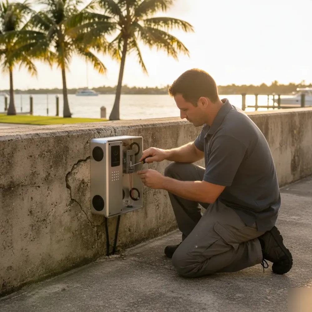 Technician installs a surge protector module on a weatherproof video intercom panel near a Hallandale Beach waterfront