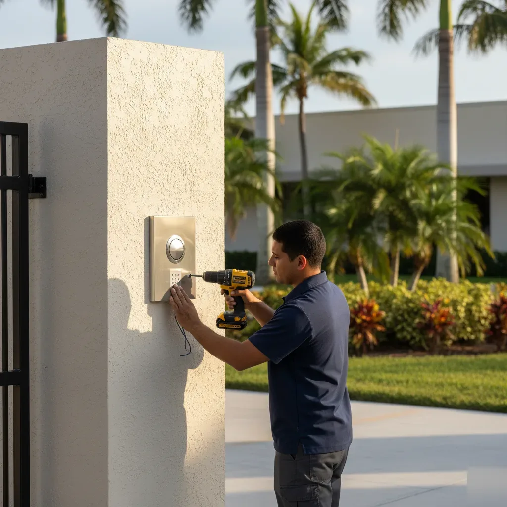 Technician mounts a stainless steel card reader panel onto a concrete gate pillar at a Hallandale Beach commercial property.