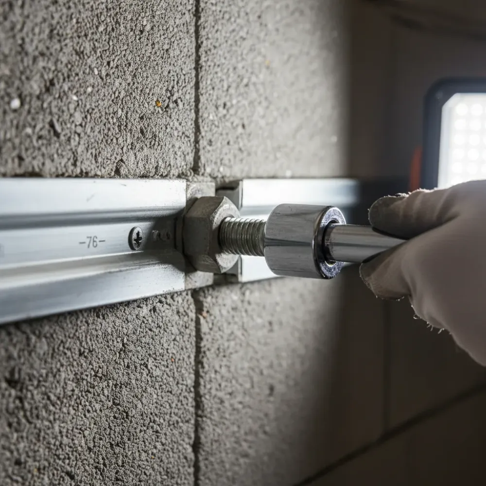 commercial-door-track-bracket-installation-hardware-hallandale-beach Gloved hands torquing a hex bolt into a galvanized steel track bracket mounted on a concrete block wall.