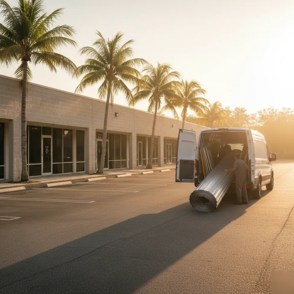 commercial-garage-door-install-van-coastal-hallandale-beach Installer unloading a steel garage door panel from a work van outside a commercial building near palm trees in Hallandale .