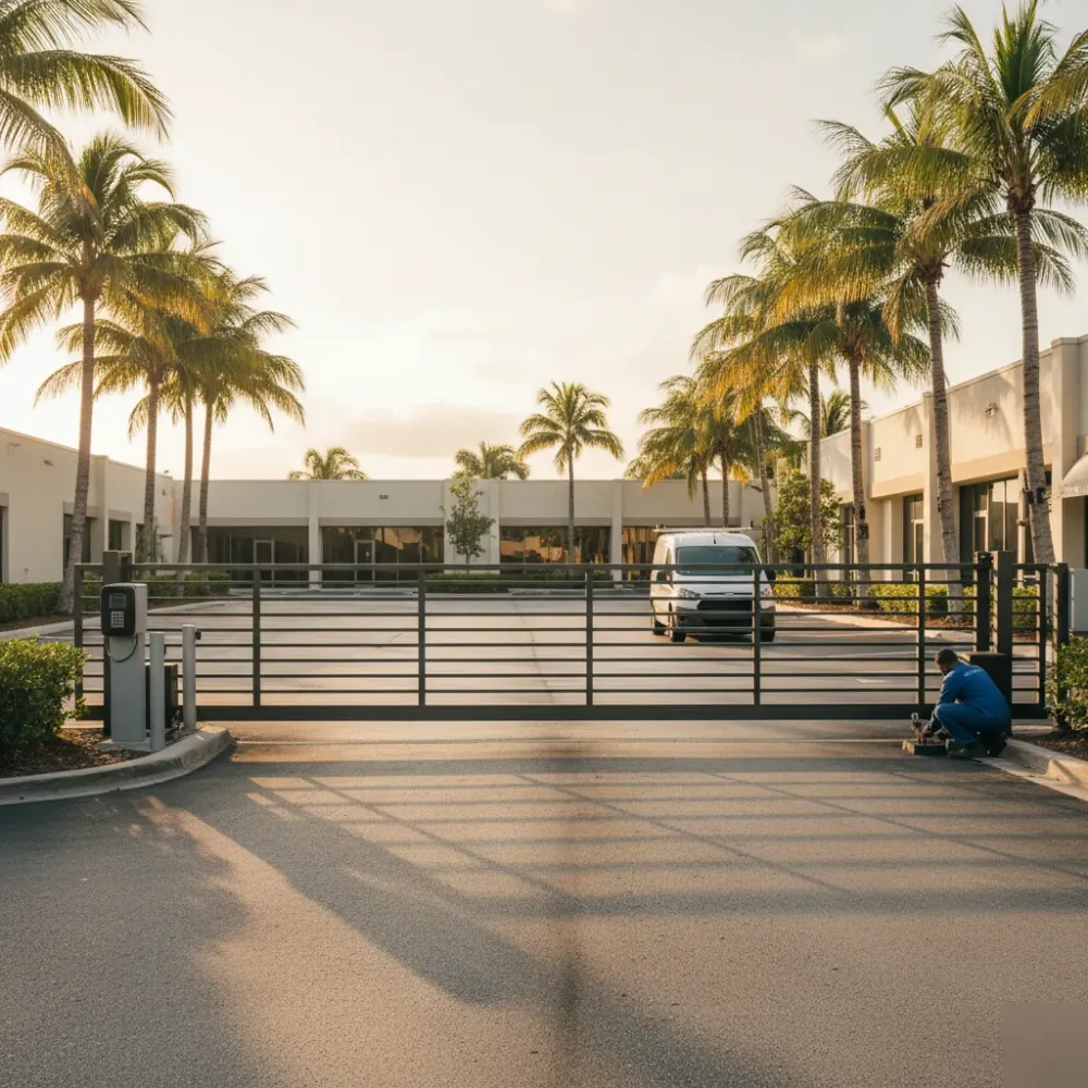 Technician works on a sliding gate motor at a commercial parking entrance with an RFID reader post along a Hallandale Be.