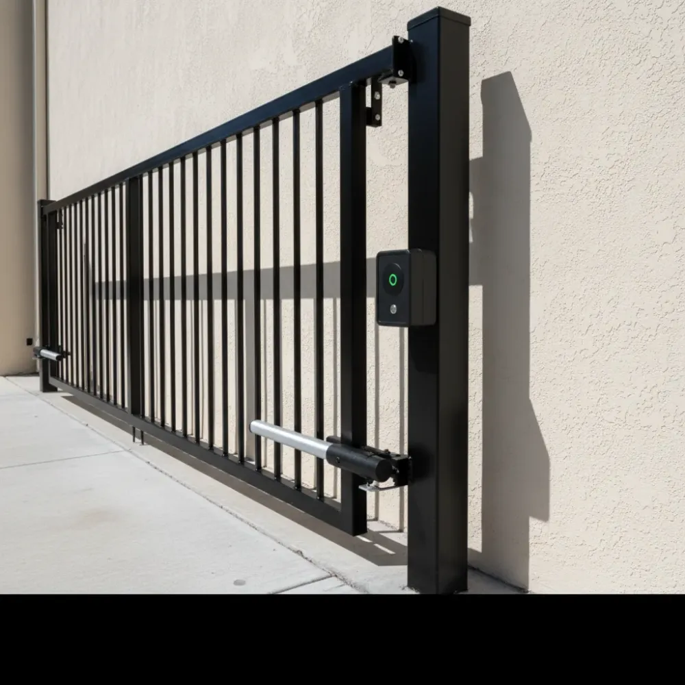 Newly installed black powder-coated swing gate with an electromagnetic lock and keypad secured at a commercial parking entry.