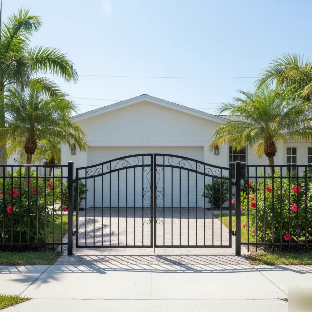 Hallandale Beach home with a new aluminum fence, ornamental driveway gate, and clean garage door in bright sunlight.