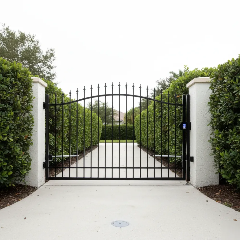 Completed black swing gate with illuminated keypad and flush-mounted exit sensor at a Hallandale Beach residential driveway