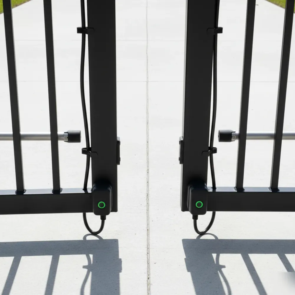Completed gate safety sensor installation on a wrought-iron driveway gate with green indicator LEDs active.