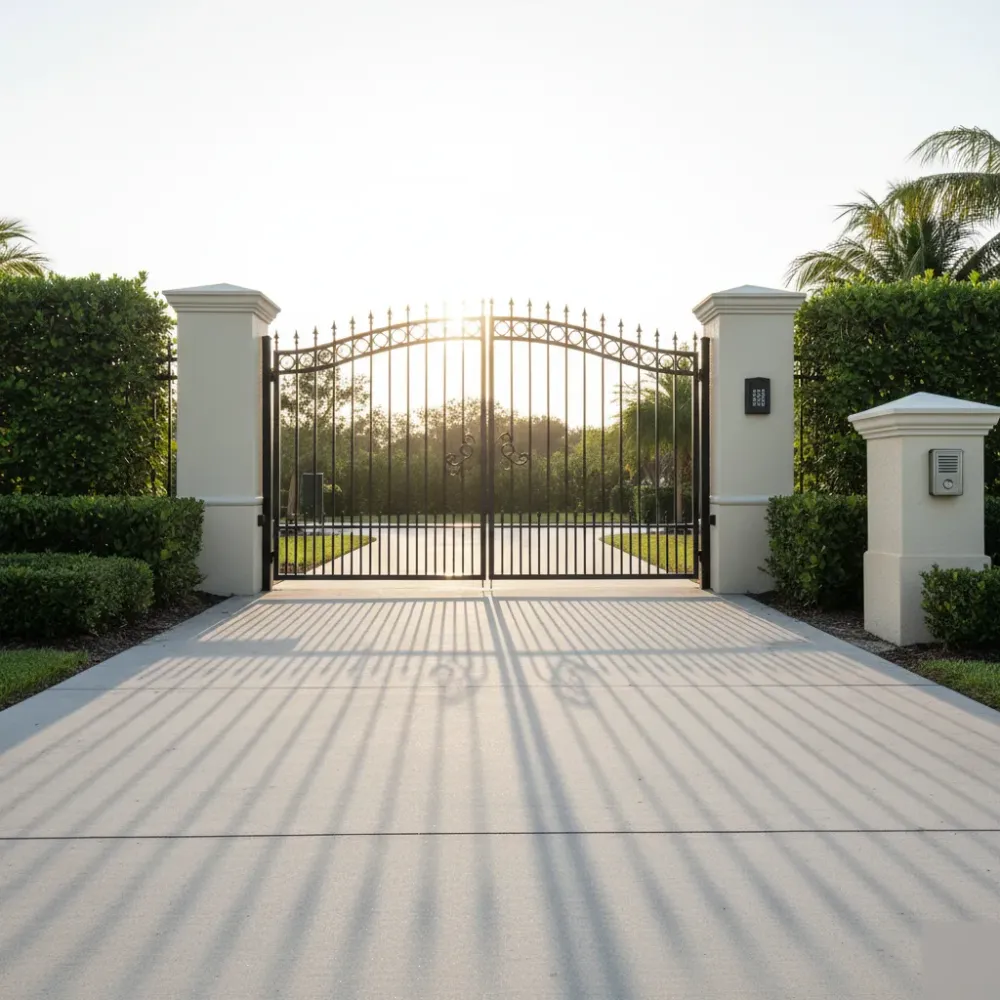 Completed dual-swing ornamental aluminum gate with keypad access panel stands at a Hallandale Beach HOA community entry.