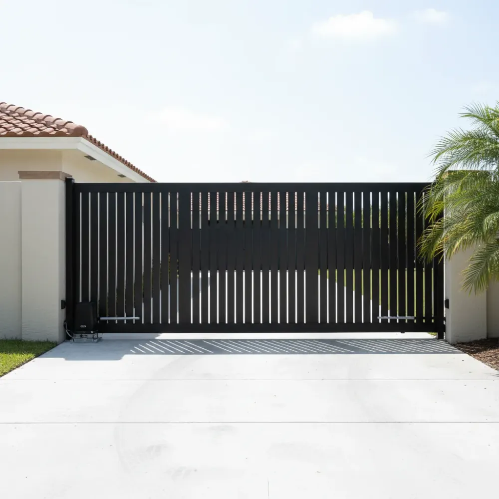 Completed black aluminum sliding driveway gate sits closed across a concrete driveway beside a stucco wall in Hallandale