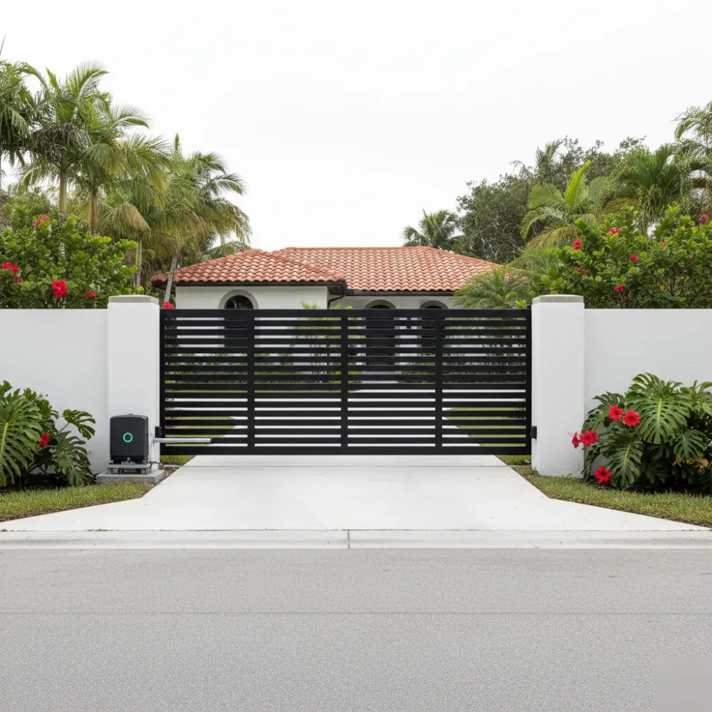 Completed black aluminum sliding gate sits open along a stucco wall at a Hallandale Beach residential property.