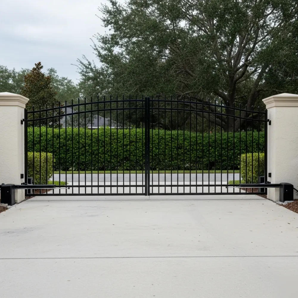 completed-swing-gate-installation-open-position-hallandale-beach Completed black powder-coated double swing driveway gate stands fully open between two stucco pillars at a residential p.