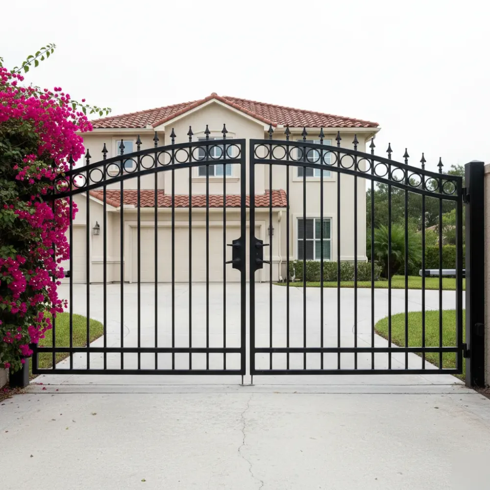 Completed black wrought-iron swing gate latched closed at a stucco home driveway in Hallandale Beach, FL.
