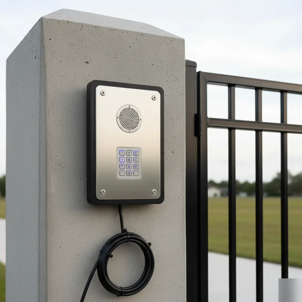 Fully installed telephone entry system panel beside a closed aluminum gate at a Hallandale Beach property.