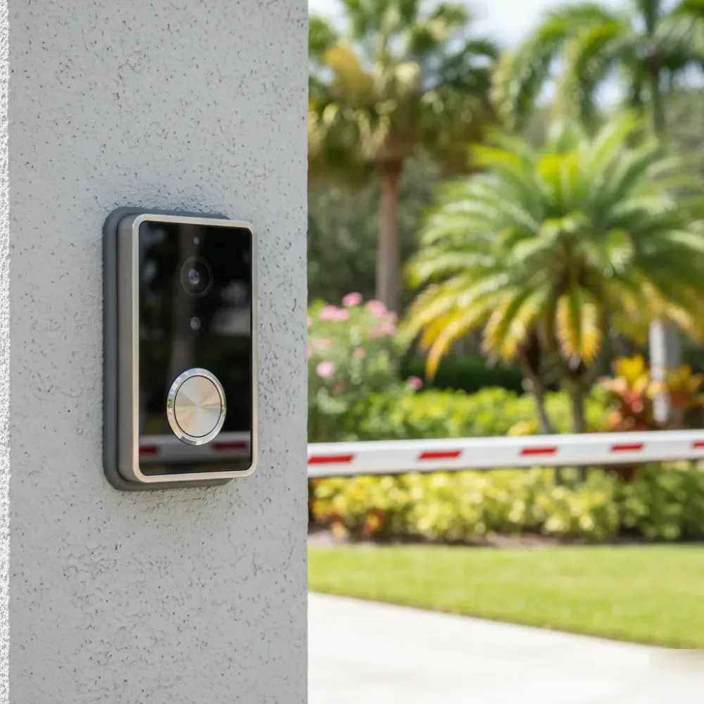 Completed video intercom panel with tempered glass camera lens mounted flush on a gated community entrance pillar.