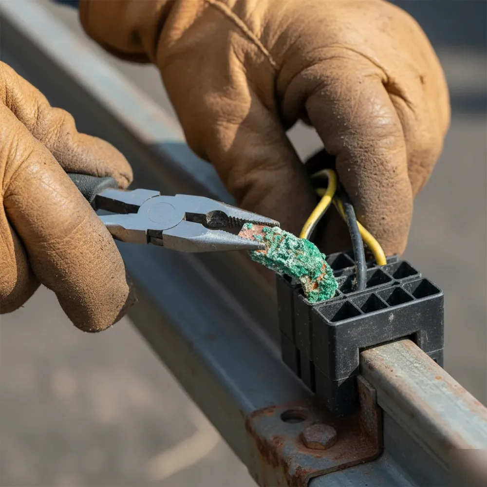 Hands gripping a corroded copper wiring terminal inside an electric gate control box with visible salt and oxidation buildup.