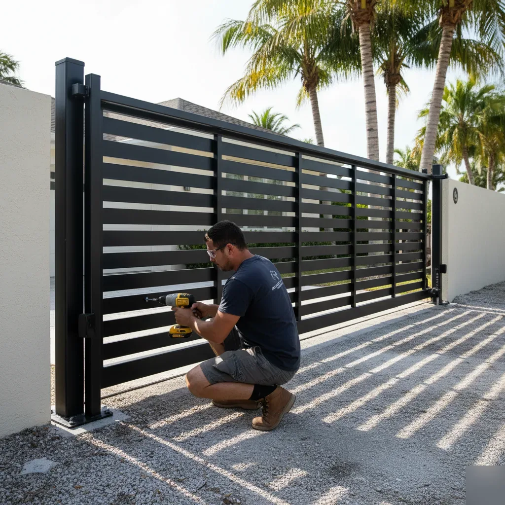Gate installer fastening a steel sliding driveway gate post in Hallandale Beach, FL.