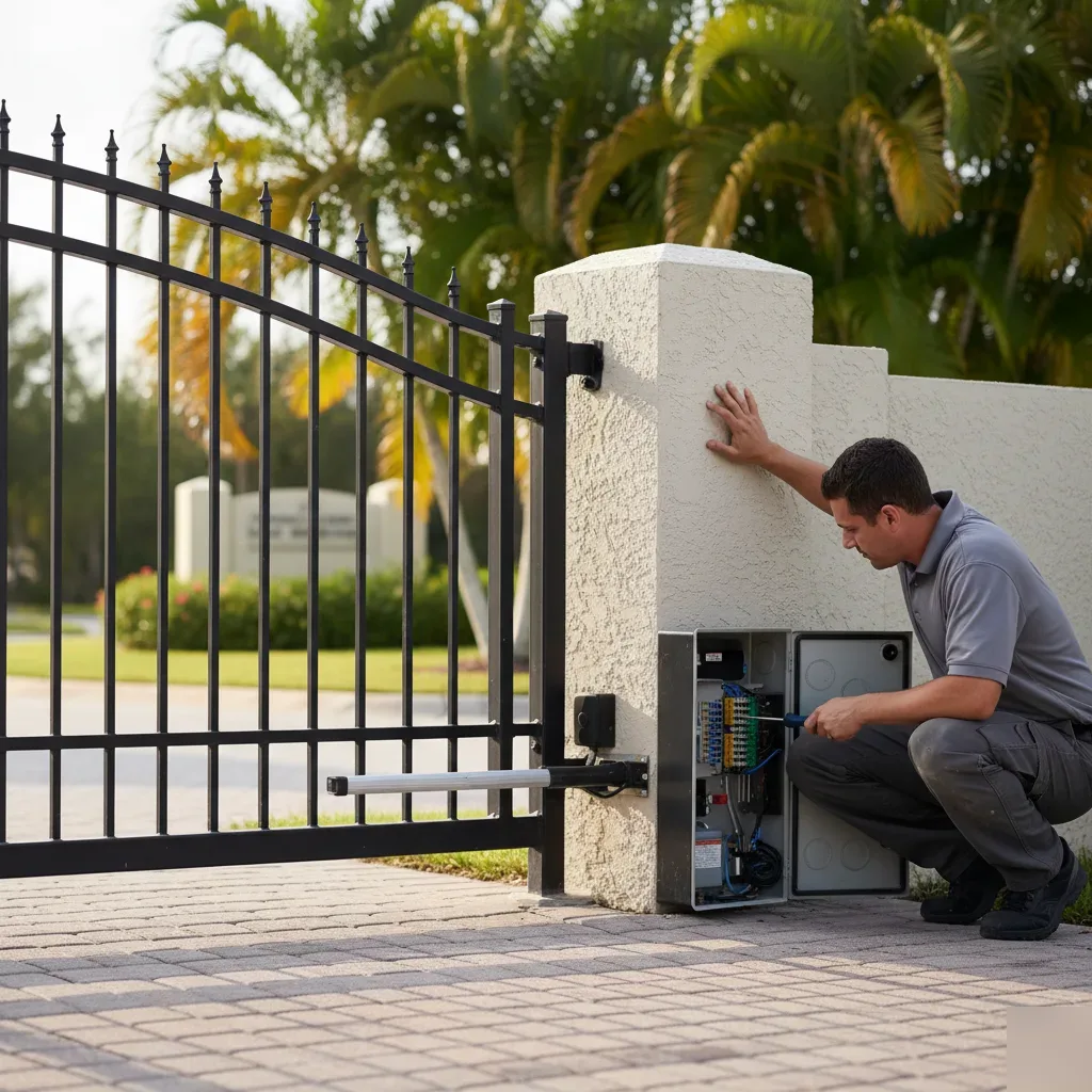 Technician crouches beside an open electric gate motor housing on a paver driveway in Hallandale Beach, FL.