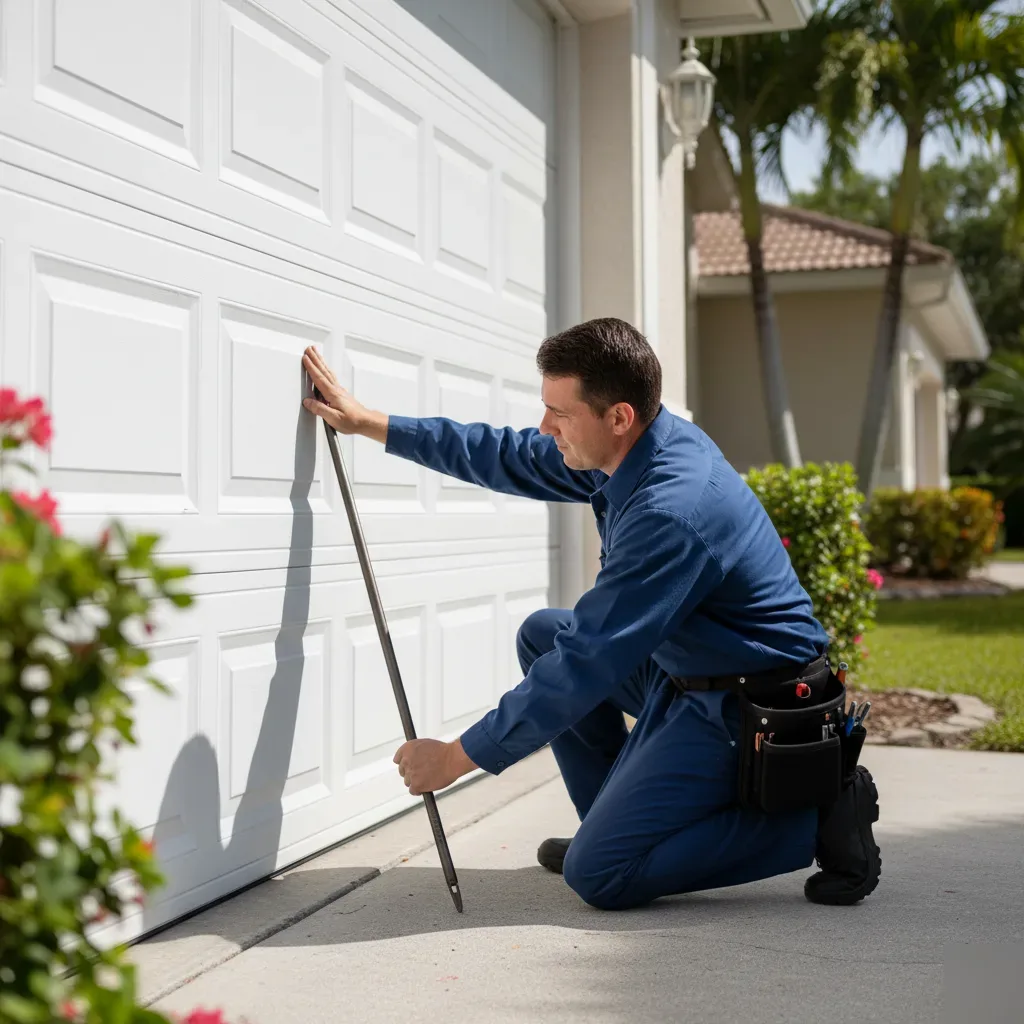 Technician uses a winding bar to adjust a torsion spring on a garage door at a Hallandale Beach home.