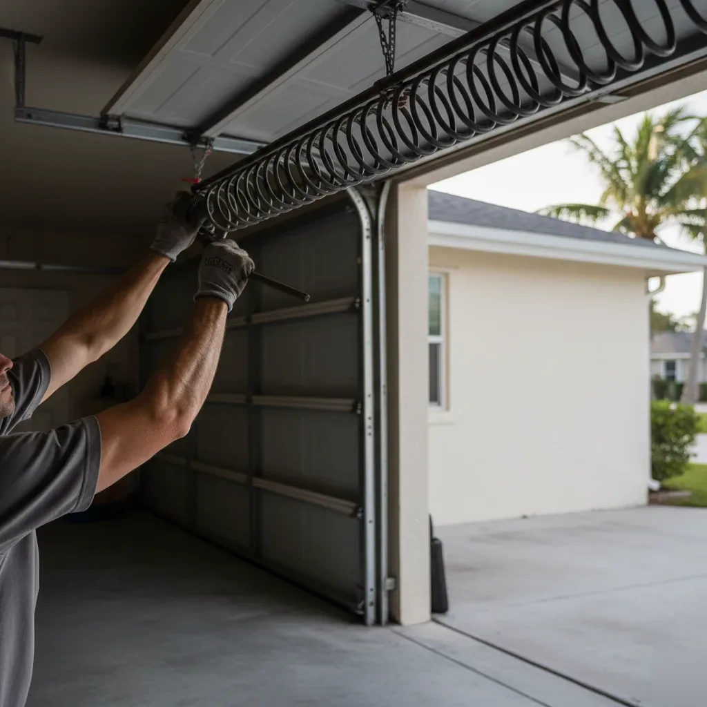 Technician uses a winding bar to tension a coiled steel extension spring mounted along a garage door track in Hallandale
