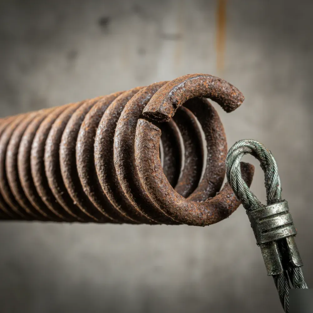 Close-up of a rusted garage door extension spring showing visible coil gaps and metal fatigue cracks near the hook end.