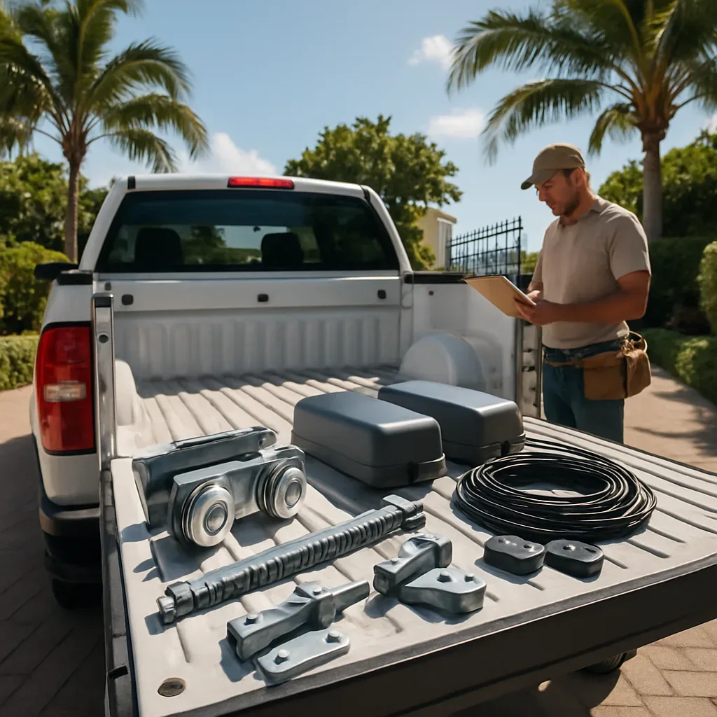Fence contractor's truck loaded with gate hardware and motors parked at a Florida coastal property entrance.