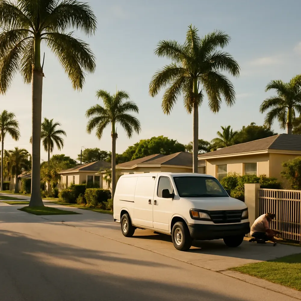 Fence contractor's van parked outside a Hallandale Beach home while a worker adjusts a sliding driveway gate track.