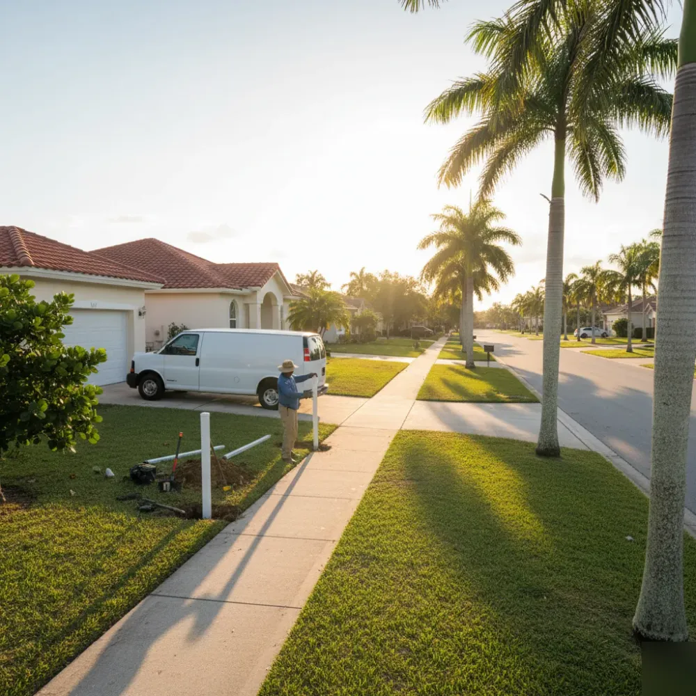 Fence contractor installs aluminum fence posts along a residential street lined with palms in Hallandale Beach.