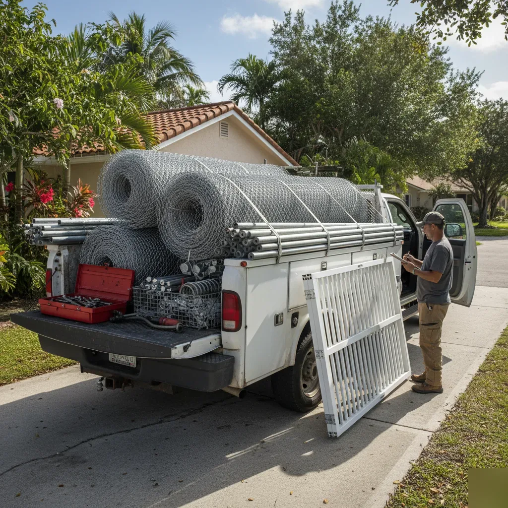 Fence contractor's truck loaded with fencing materials and gate hardware parked at a Hallandale Beach home.